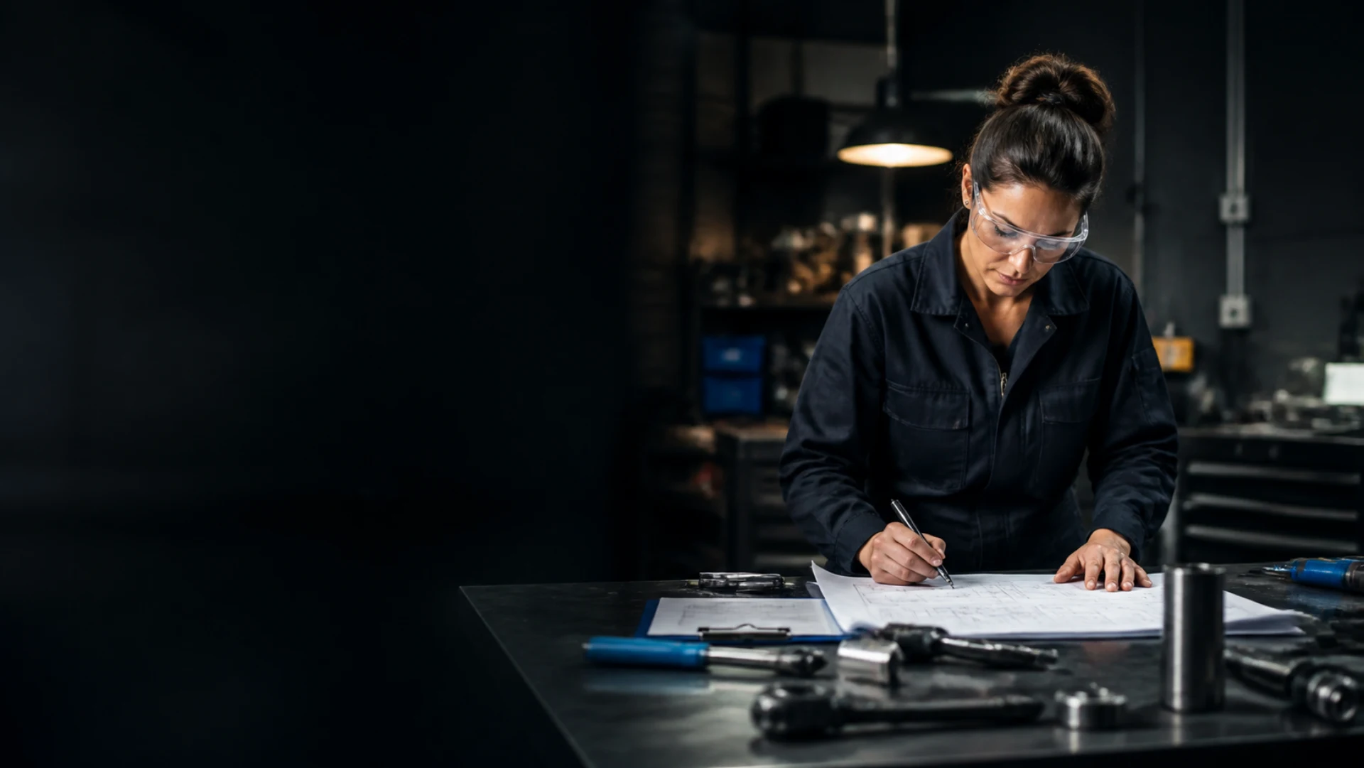 Illustrative service professional reviewing a work order in a workshop
